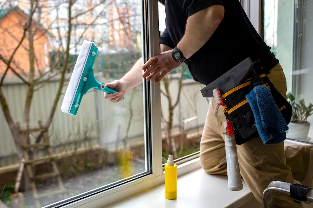 Window cleaner using a squeegee on an exterior window
