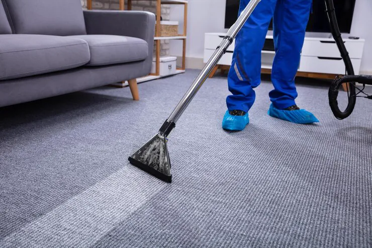 Technician deep cleaning office carpet with an extraction wand