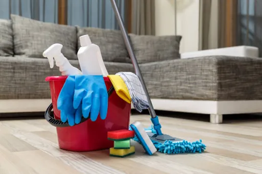 Bucket of cleaning supplies, gloves and a mop beside a sofa