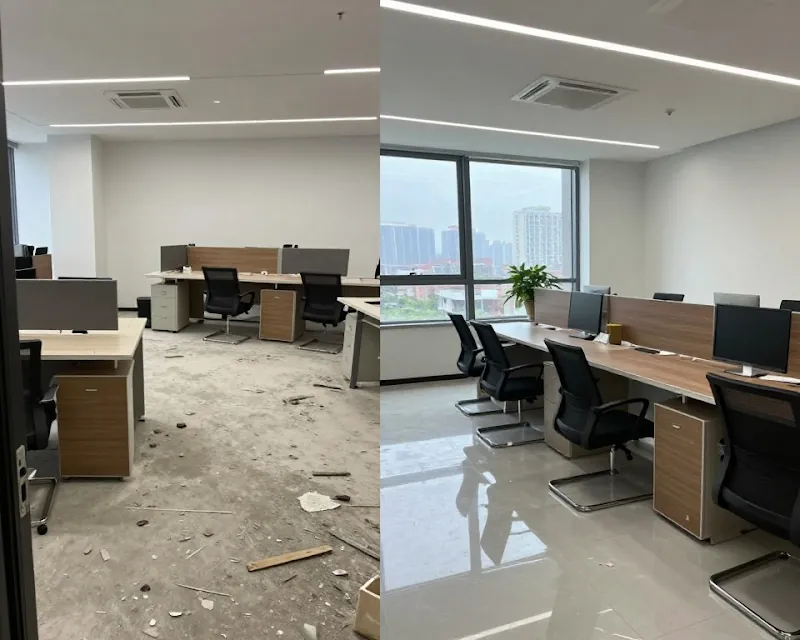 Before and after of an office, littered with debris then clean and furnished
