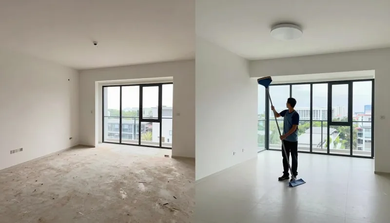 Before and after of an empty apartment, dusty then cleaned