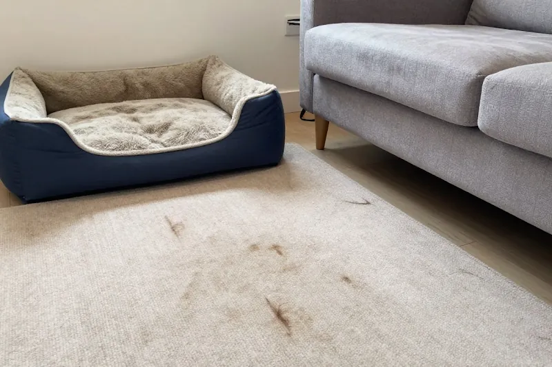 Pet bed beside a sofa on a carpet marked with pet hair