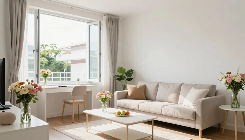 Bright tidy living room with a pale sofa and flowers