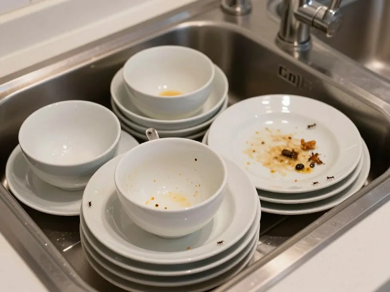 Stack of dirty bowls and plates in a kitchen sink