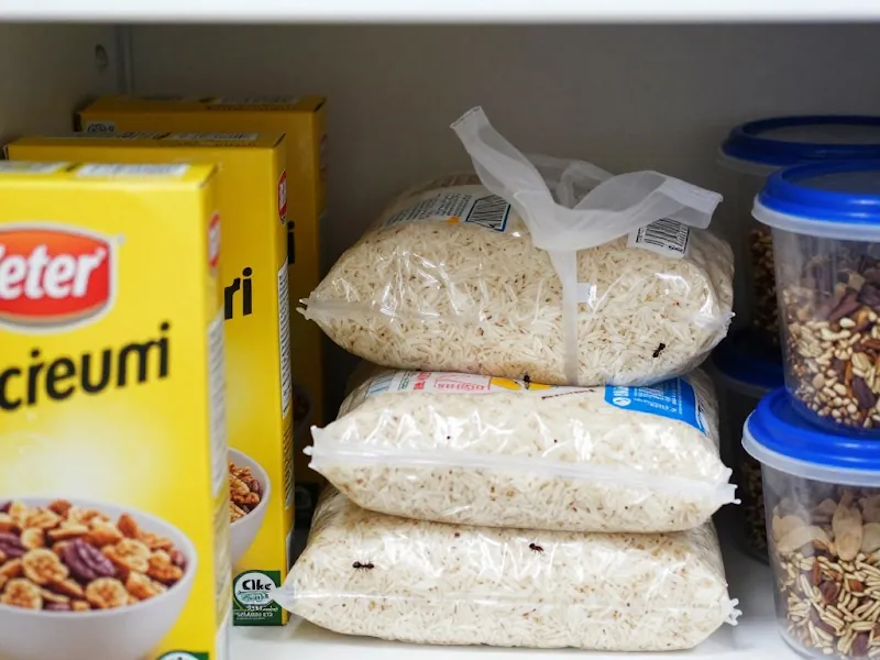 Pantry shelf with cereal boxes and bagged dry goods