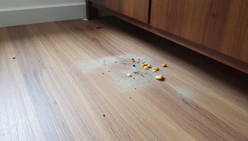 Crumbs and spills on a wooden floor beside a cabinet
