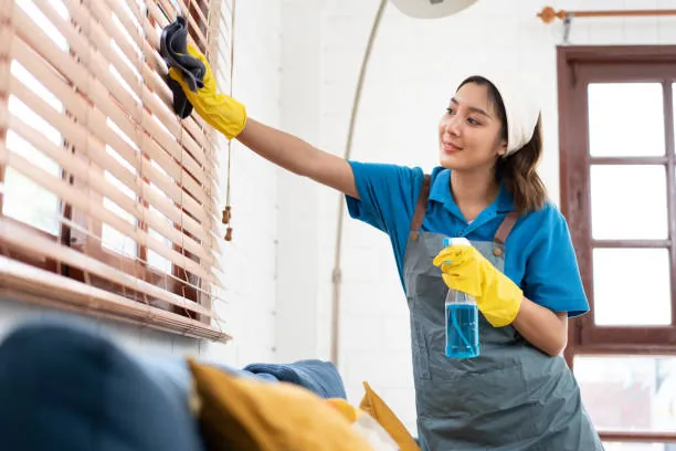 Cleaner dusting wooden window blinds