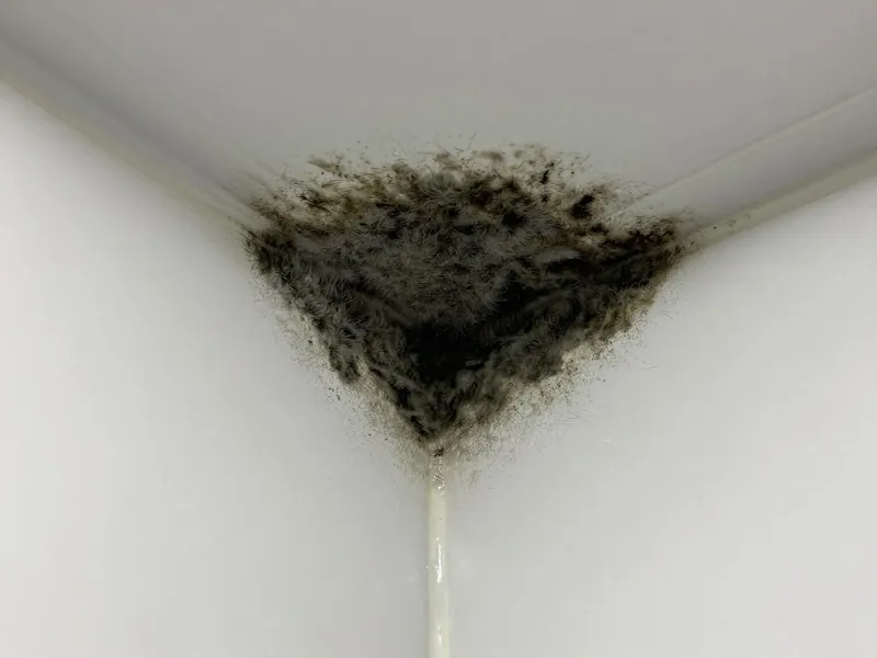 Black mould spreading across a ceiling corner