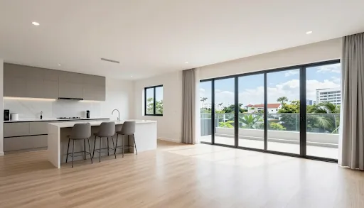 Open-plan kitchen and living area with balcony doors