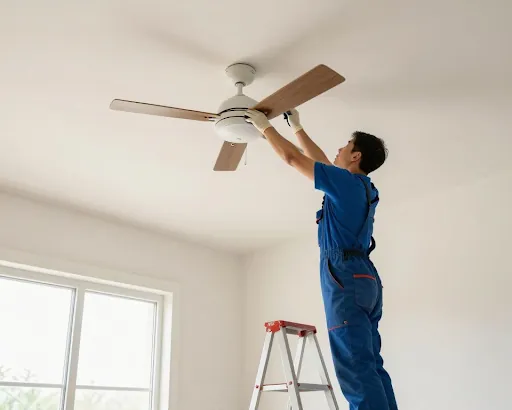 Worker on a step ladder cleaning a ceiling fan