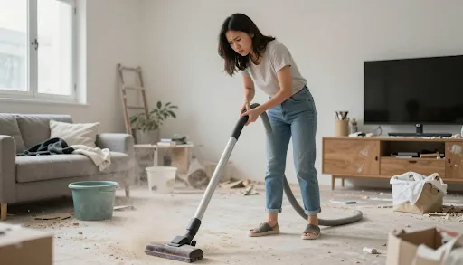 Woman vacuuming a living room after renovation debris