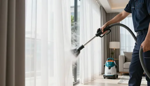 Technician steam cleaning curtains in a living room