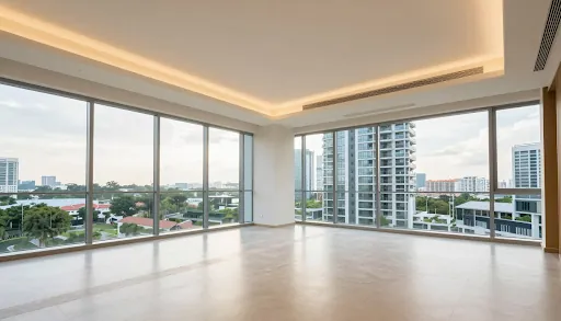 Empty condominium living room with floor to ceiling windows