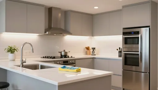 Clean modern kitchen with an oven, hob and island counter
