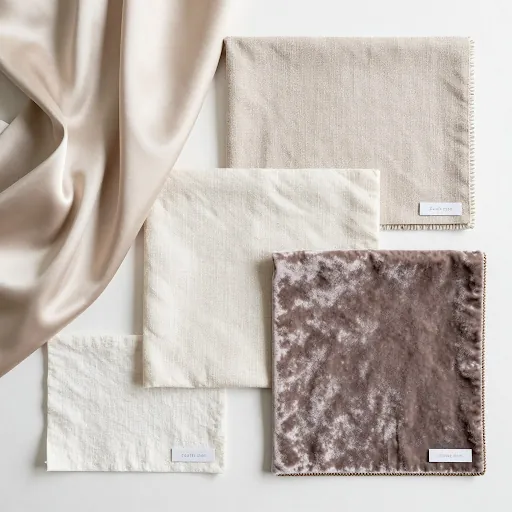 Fabric swatches including silk, linen, cotton and velvet
