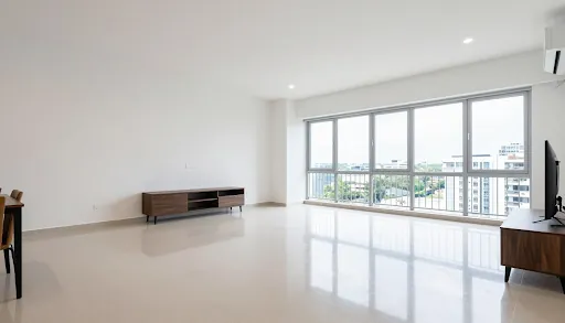 Empty condominium living room with a city view