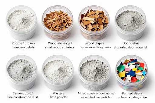 Chart of post-renovation debris types from rubble to plaster dust