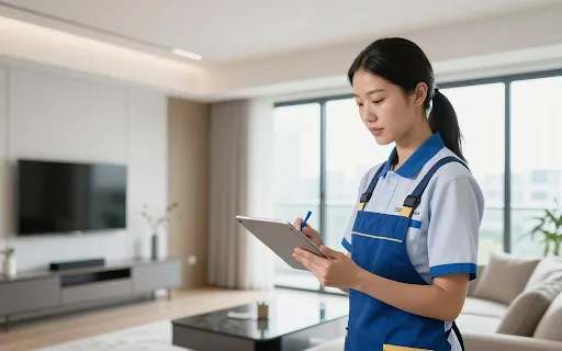Cleaner with a tablet inspecting a furnished living room