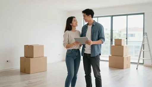 Couple with a tablet standing among moving boxes in a new home