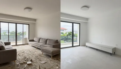 Before and after of a living room, debris on the floor then clean