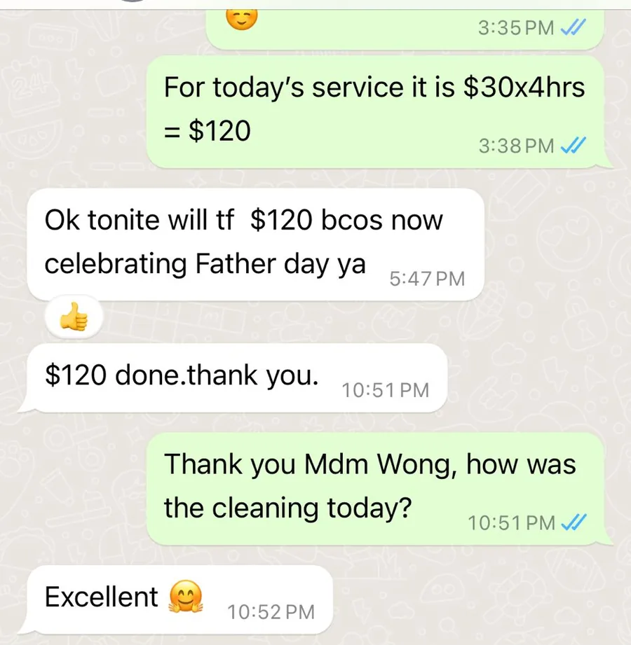 WhatsApp message from Alinna about post-hip cleaning