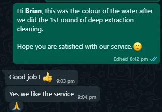 WhatsApp message from Brian about deep extraction cleaning