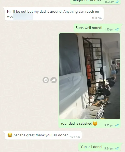 WhatsApp message from Christopher about hip dustproofing