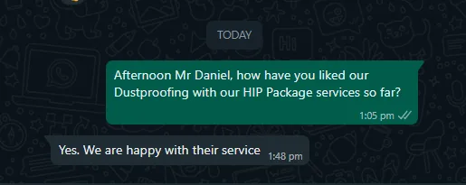 WhatsApp message from Daniel about hip dustproofing package