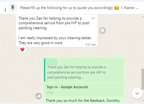 WhatsApp message from Dorothy about hip package, polishing & painting