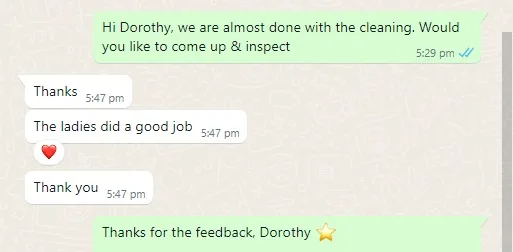 WhatsApp message from Dorothy about post-hip cleaning
