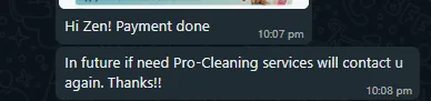 WhatsApp message from Evelyn about pro-cleaning after reno