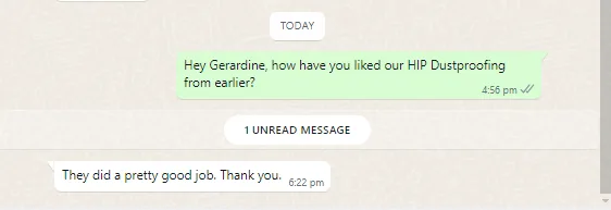 WhatsApp message from Gerardine about hip dustproofing