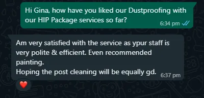 WhatsApp message from Gina about hip dustproofing