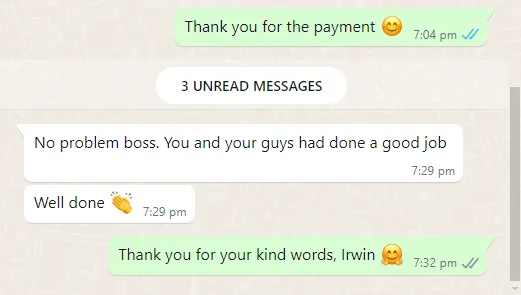 WhatsApp message from Irwin about hdb hip package