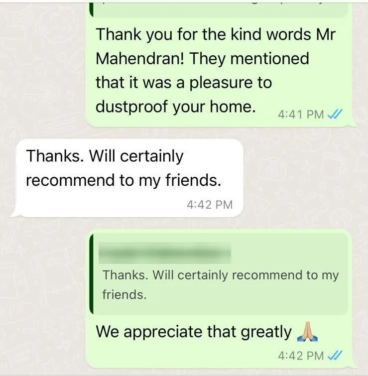 WhatsApp message from Isaiah about hip dustproofing