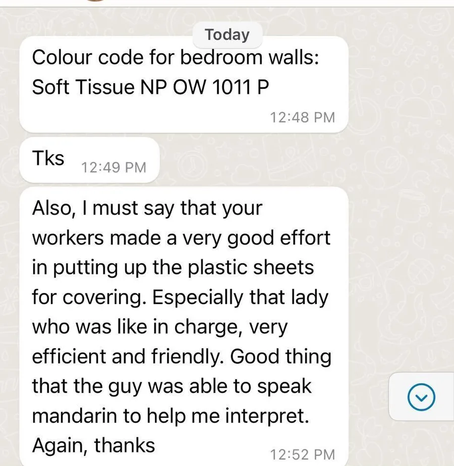 WhatsApp message from Isaiah about hip dustproofing
