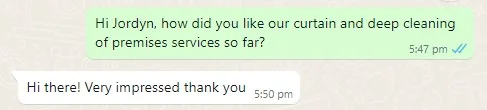 WhatsApp message from Jordyn about curtain & deep cleaning