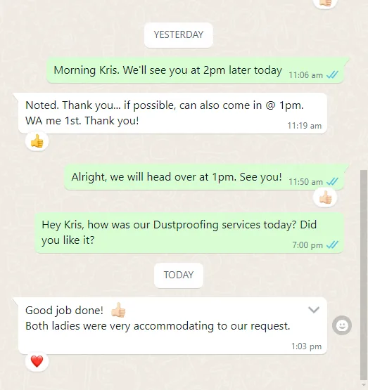 WhatsApp message from Kris about hip dustproofing