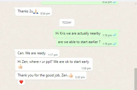 WhatsApp message from Kris about hip dustproofing