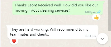 WhatsApp message from Leon about move in/out cleaning