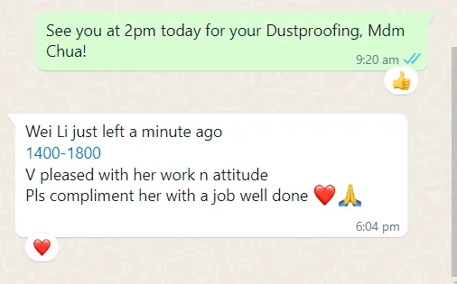 WhatsApp message from Mdm Chua about hip dustproofing