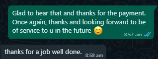 WhatsApp message from Mr Andreas about home cleaning