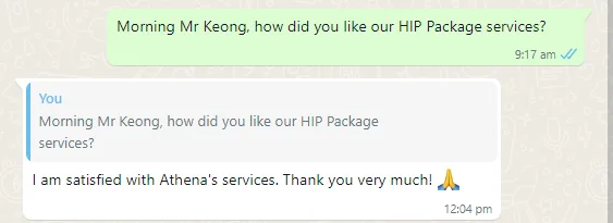 WhatsApp message from Mr Keong about hip package