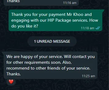 WhatsApp message from Mr Khoo about hip package
