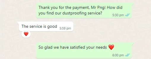WhatsApp message from Mr Png about hip dustproofing