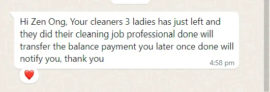 WhatsApp message from Mr Teng about post-hip cleaning