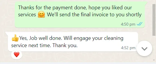 WhatsApp message from Mr Wong about general cleaning