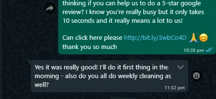 WhatsApp message from Ms Anu about home cleaning