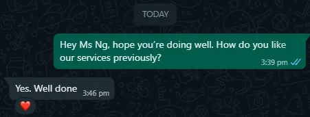 WhatsApp message from Ms Ng about home cleaning