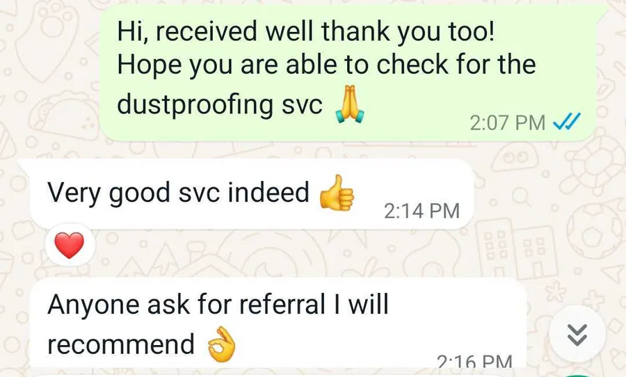 WhatsApp message from Ms Peng about hip dustproofing